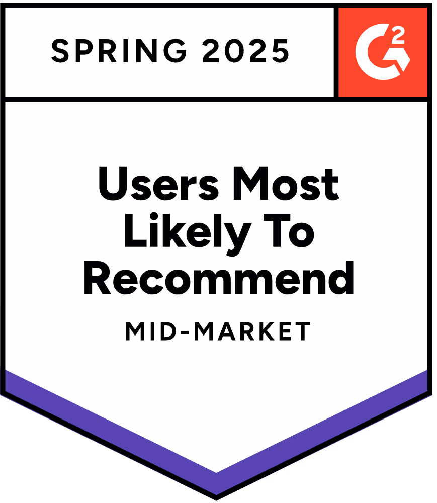 A white badge with the words, users most likely to recommend mid - market