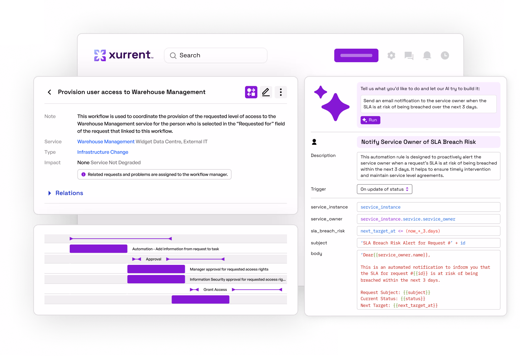 A xurrent dashboard showing enterprise service management capabilities