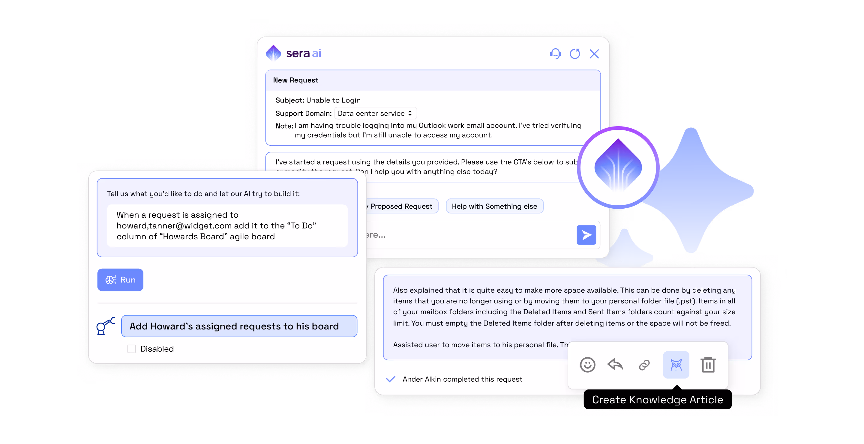 Three cards showing a virtual agent responding to IT support requests