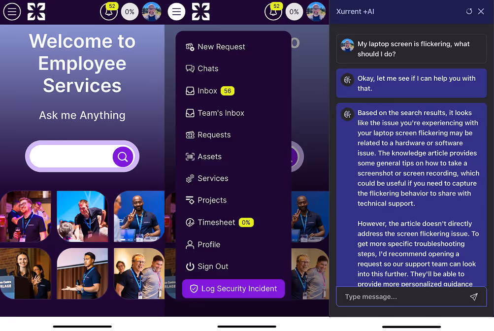 A screenshot of three different mobile app customer self service portal views 