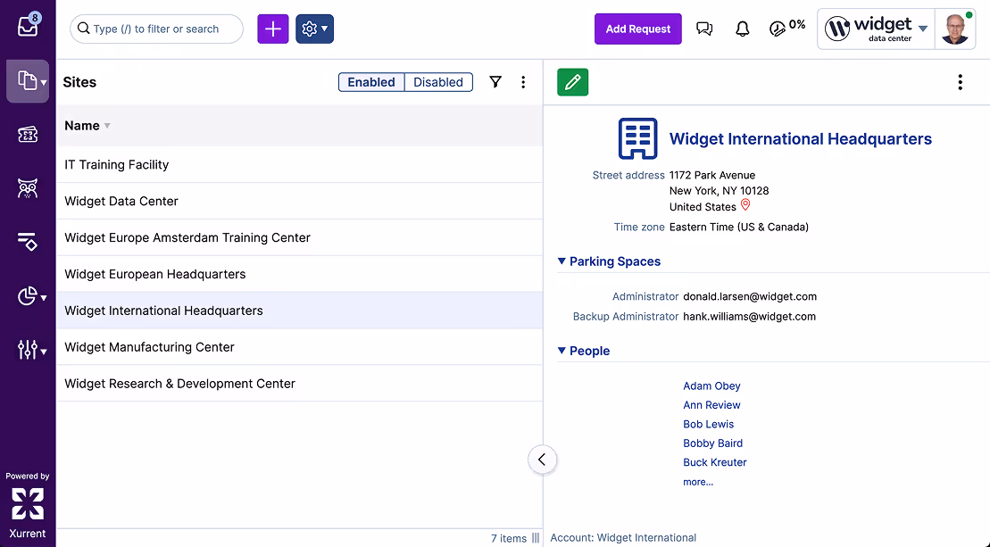 A Xurrent screenshot showing facilities management features 