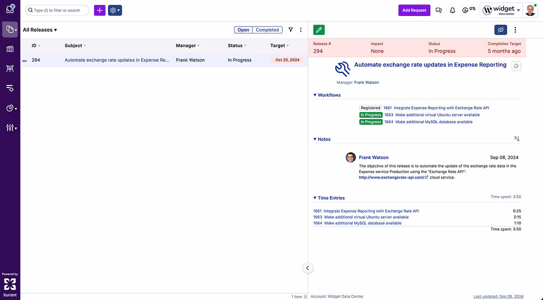 A Xurrent screenshot showing release management and automation features 
