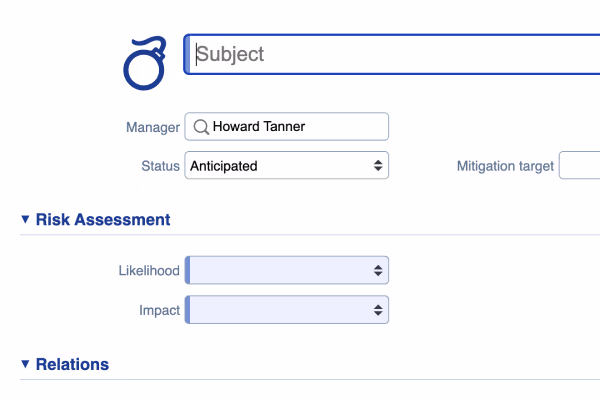 An entry screen for Risk Management