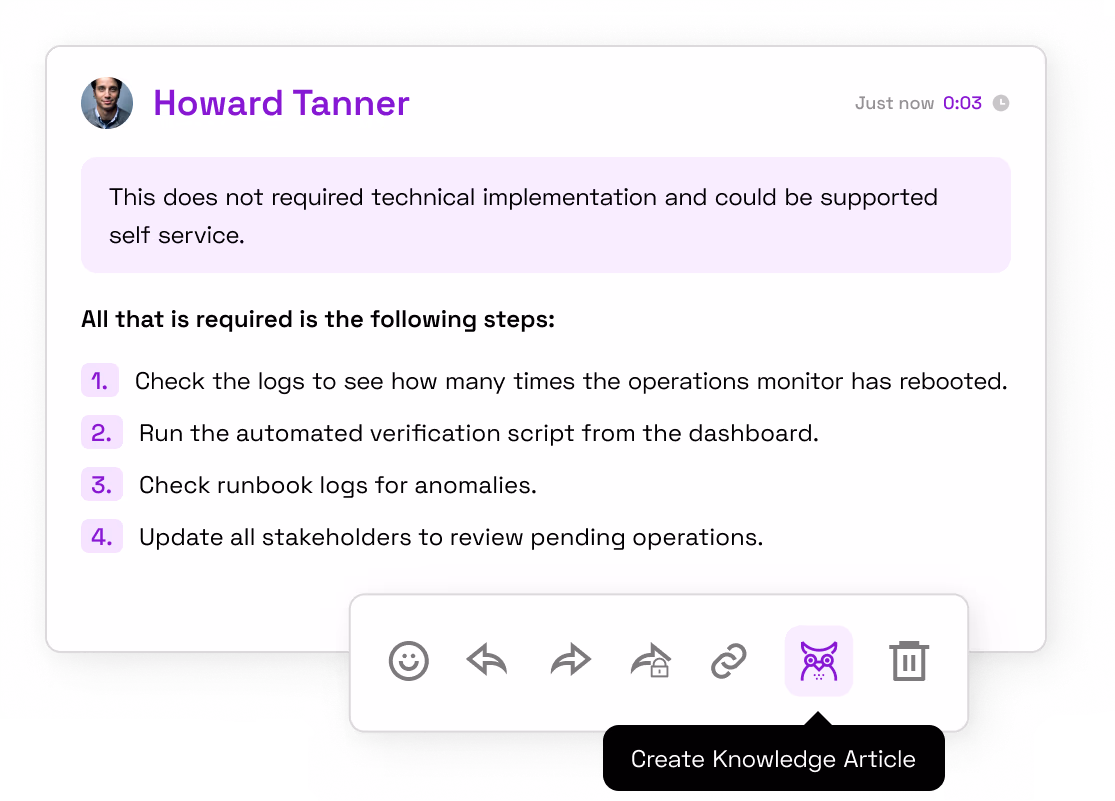 A Xurrent screenshot showing a knowledge base article being updated with conversational AI