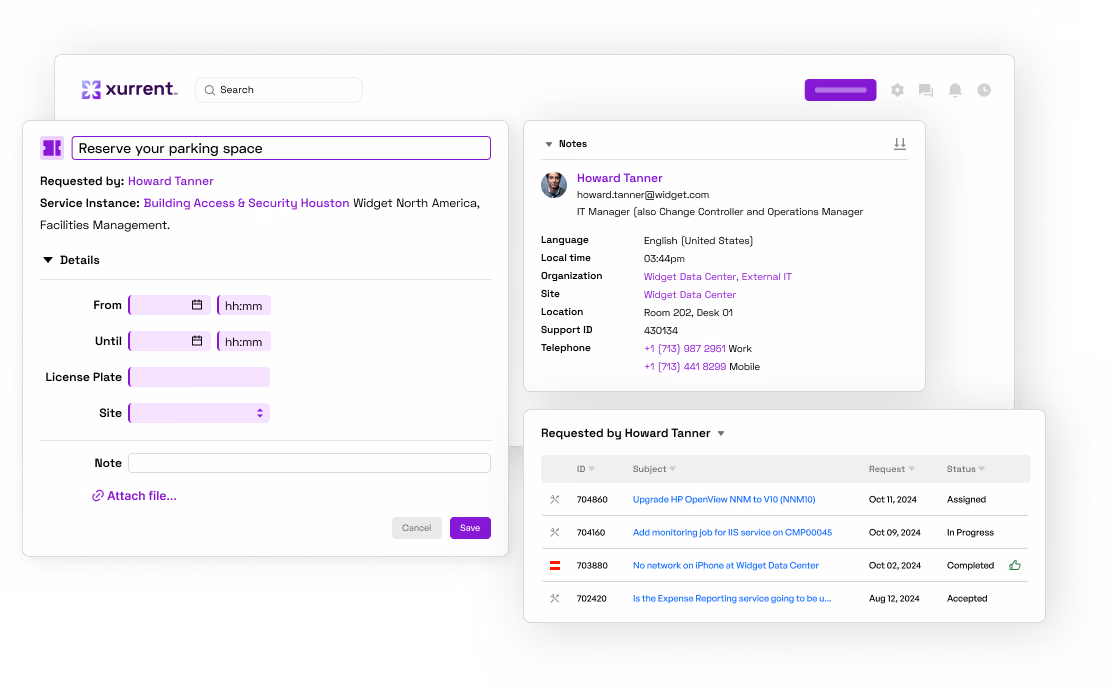 A Xurrent screenshot showing a reservations system for HR and facilities management