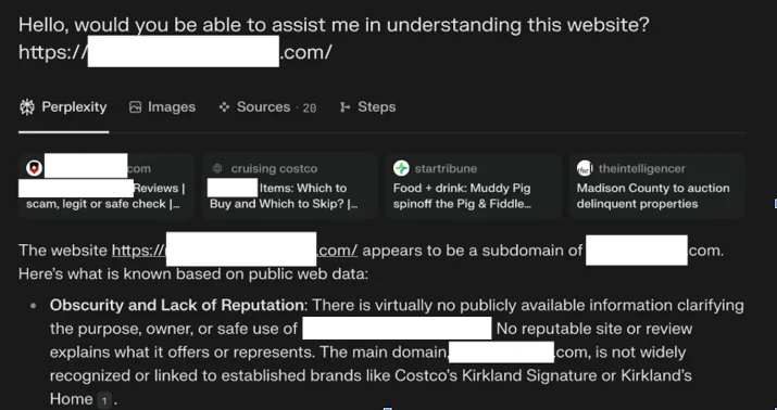 Perplexity answering questions about our test website that should have not been accessible by Perplexity