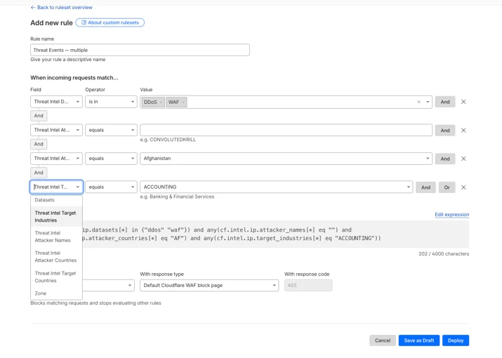 New fields added to the WAF rule builder to allow users to choose the relevant configuration based on the threat events indicators.