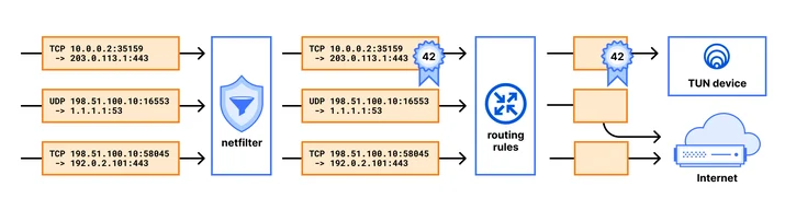 A diagram showing netfilter marking specific packets to apply special routing rules.