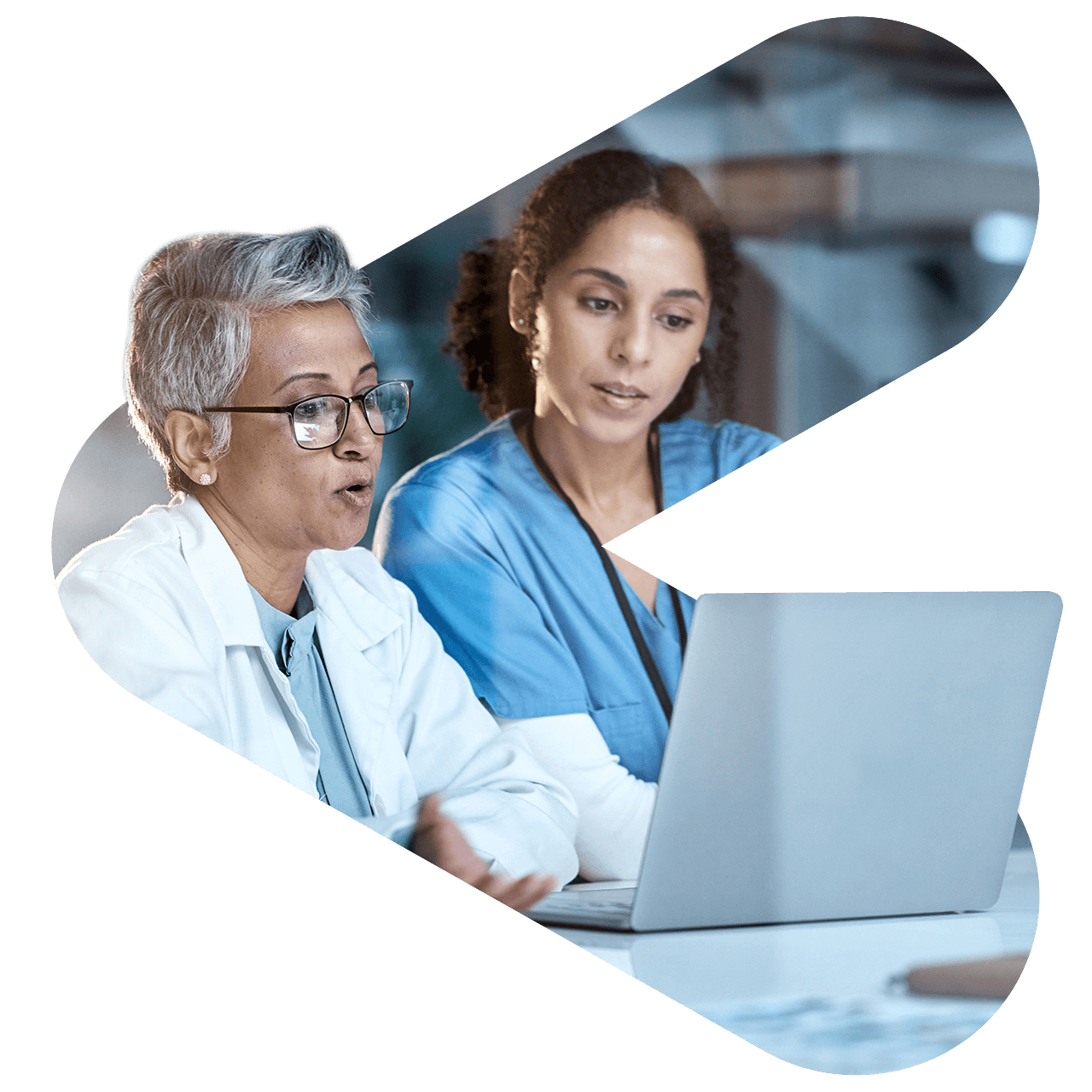 two lab workers using laptop