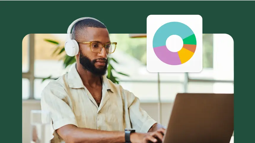 A man wearing headphones and looking at a laptop with a pie chart overlay.