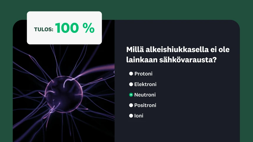 Alkeishiukkasia koskeva tietovisakysymys, taustalla plasmapallo ja tulos 100&nbsp;%.