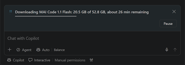 Screenshot showing a download progress notice for MAI Code 1.1 Flash above the chat input with a Pause button.