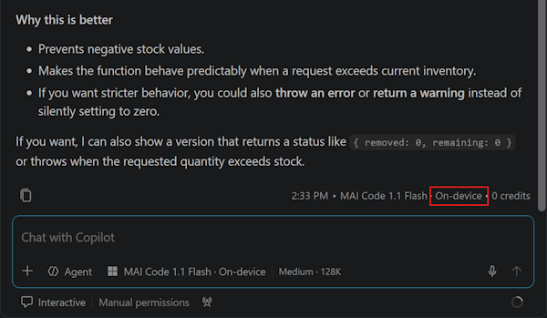 Screenshot showing a chat response labeled MAI Code 1.1 Flash On-device with 0 credits, and the model picker showing the on-device model.