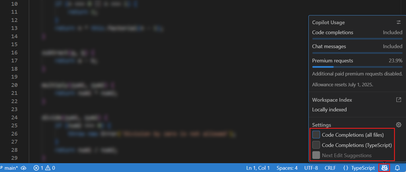 Screenshot showing the VS Code status bar, highlighting the Copilot icon that indicates Copilot is active.