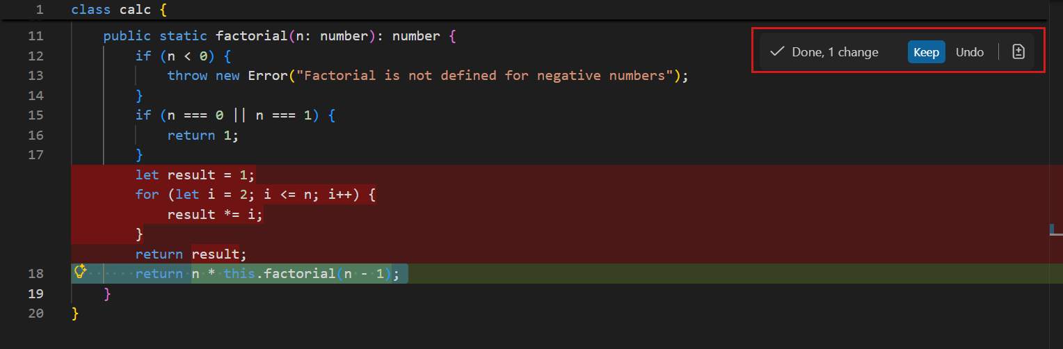 Screenshot showing editor inline chat suggesting a non-recursive factorial implementation.