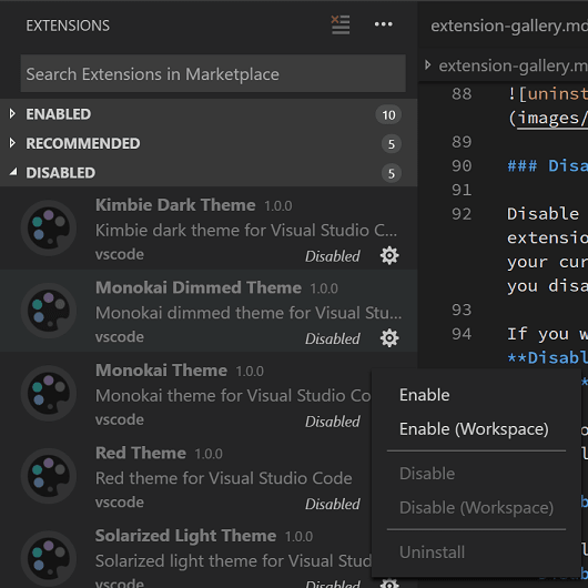 Screenshot showing the option to enable a disabled extension.