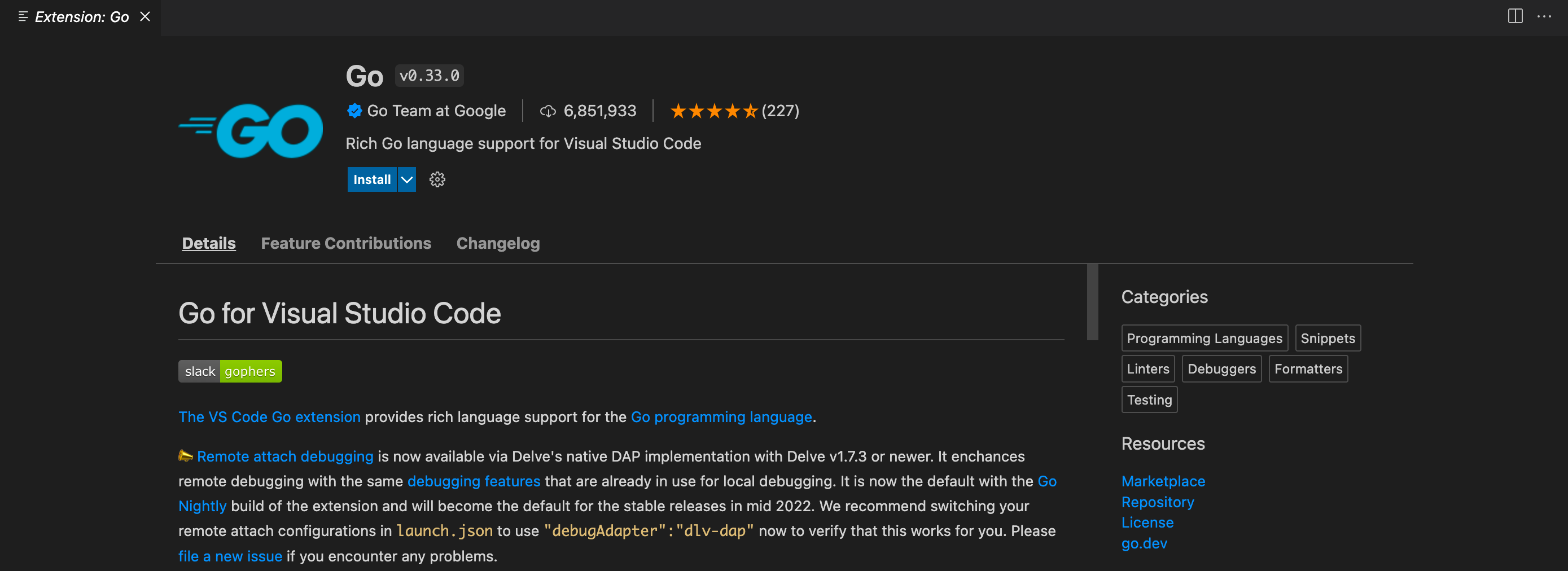 Screenshot showing an extension's feature contributions on its details page.