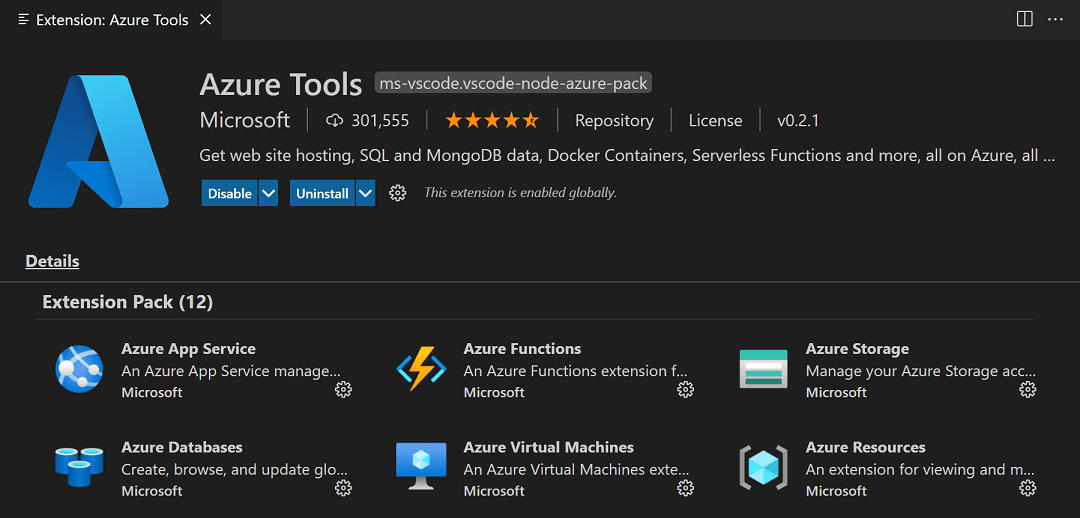 Screenshot showing the extensions bundled in the Azure Tools extension pack.