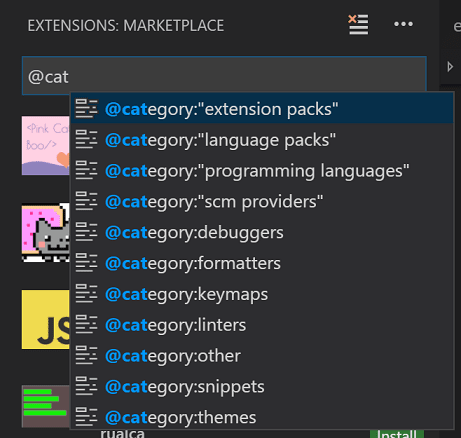 Screenshot showing extension category suggestions for debuggers in the Extensions view.