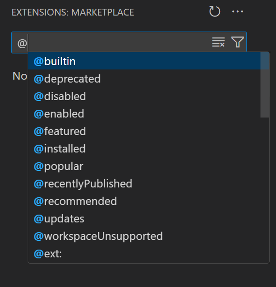 Screenshot showing IntelliSense suggestions for extension search filters.