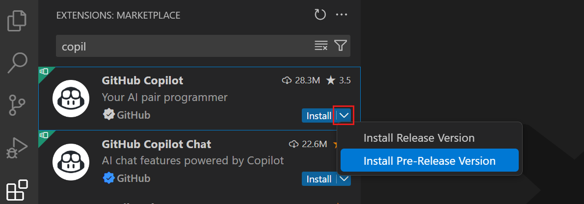 Screenshot showing the Install Pre-Release Version option in the Install button dropdown.