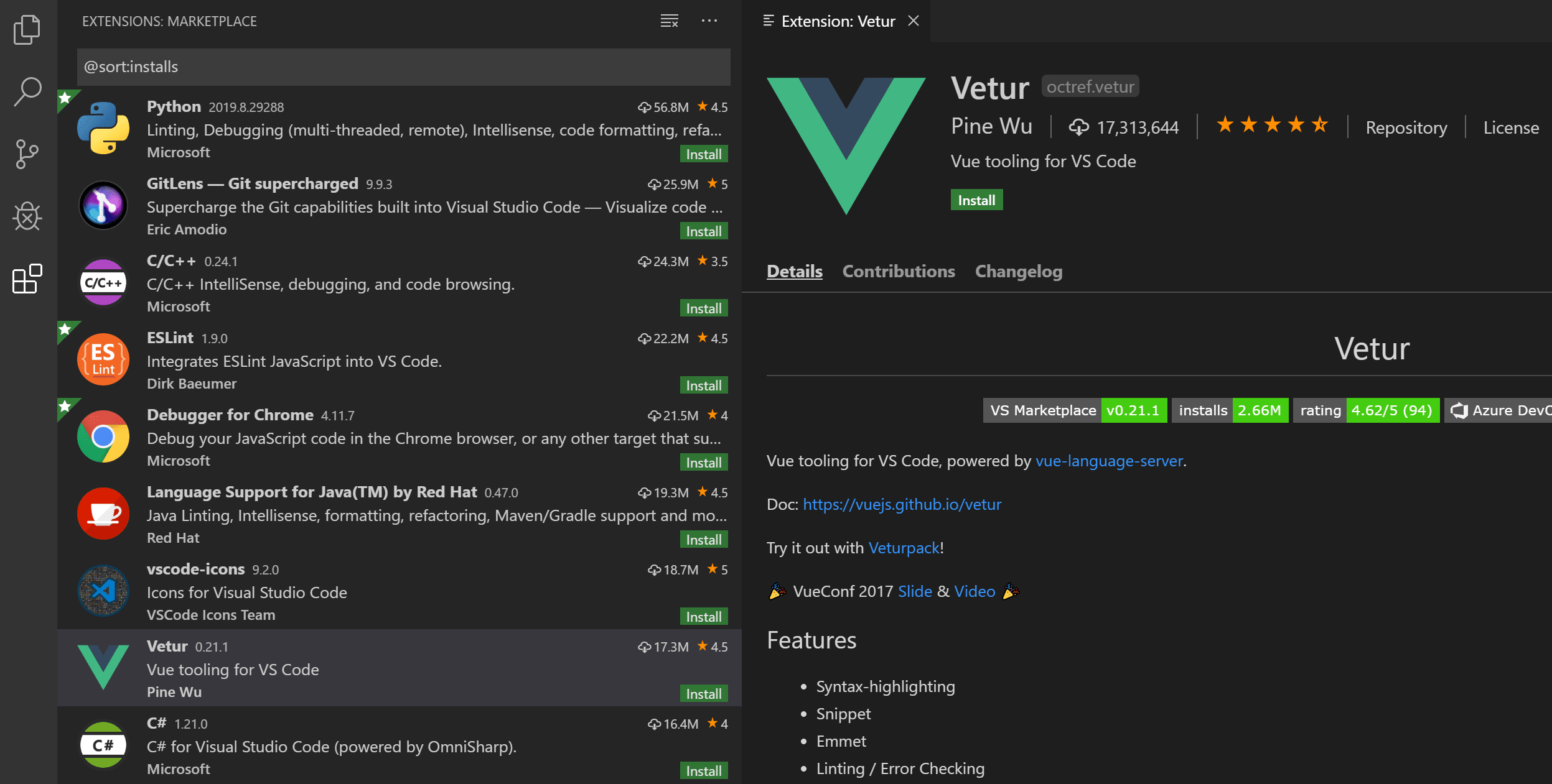 Screenshot showing popular extensions listed in the Extensions view.