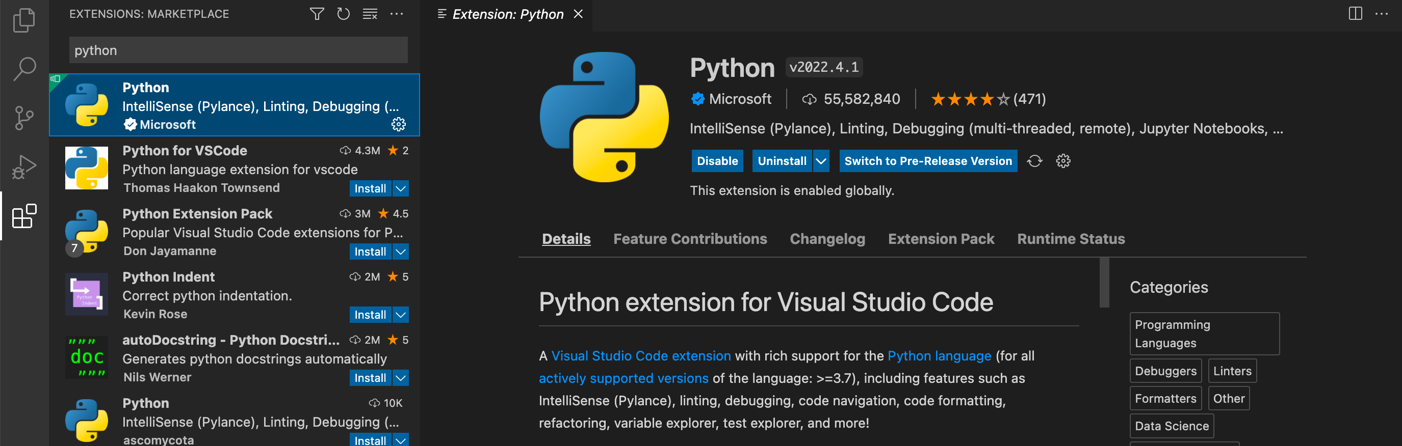 Screenshot showing Python extensions listed after searching for python in the Extensions view.