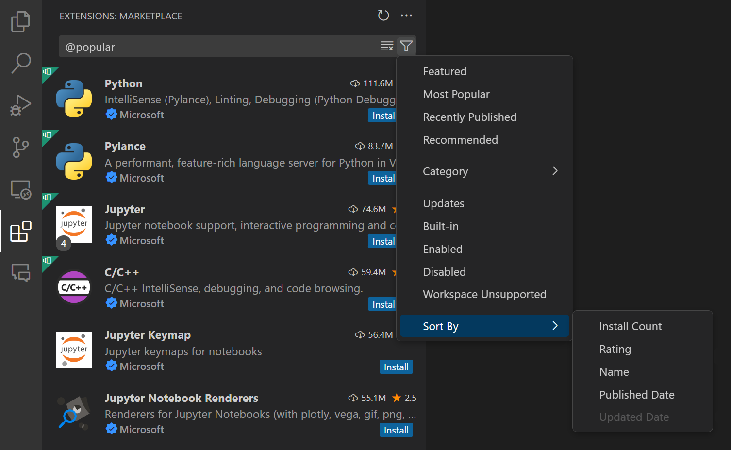Screenshot showing the Filter Extensions context menu in the Extensions view.