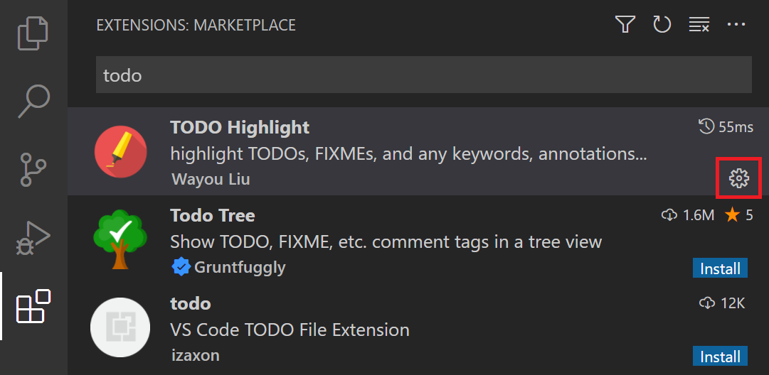 Screenshot showing the Manage gear button after an extension installs.