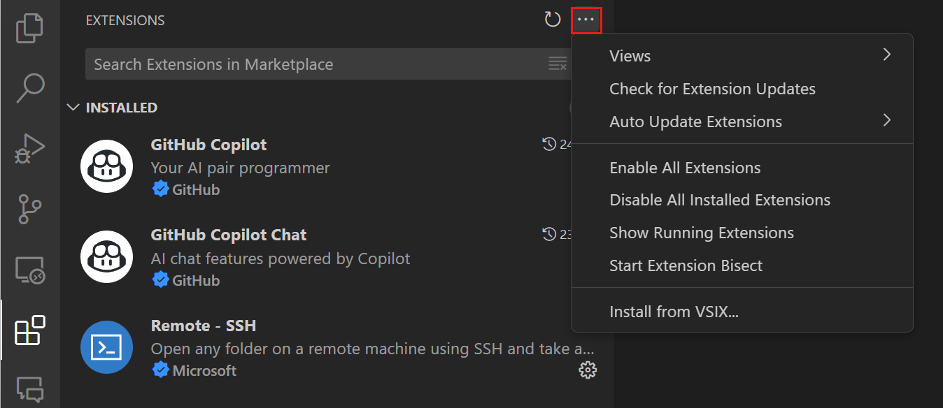 Screenshot showing the View and More Actions button in the Extensions view.