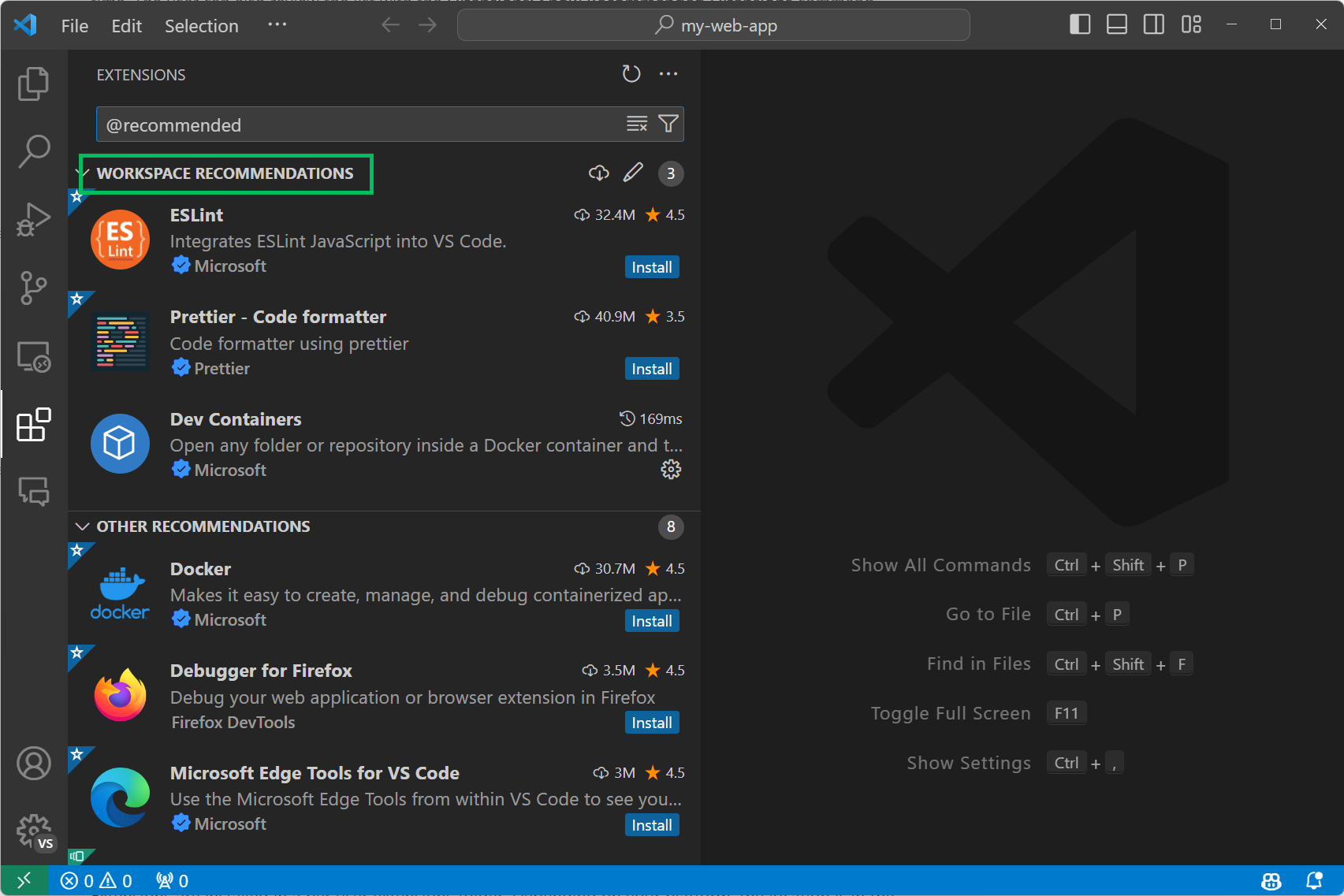 Screenshot showing the prompt to install workspace-recommended extensions.