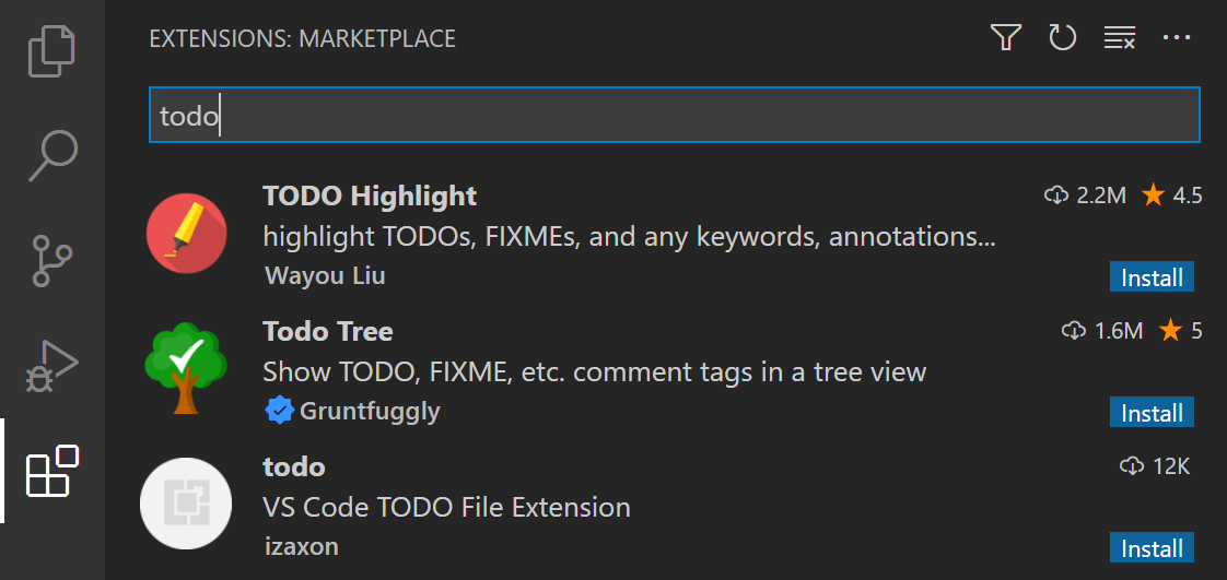 Screenshot showing search results for todo in the Extensions view.
