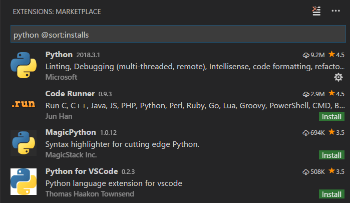 Screenshot showing extensions sorted by install count.