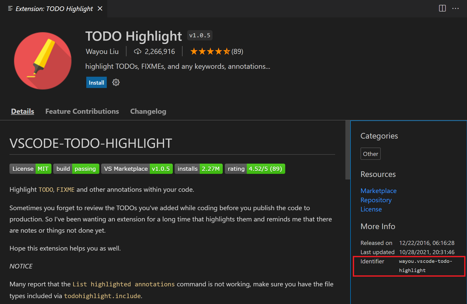 Screenshot showing the TODO Highlight extension details page with the extension ID highlighted.