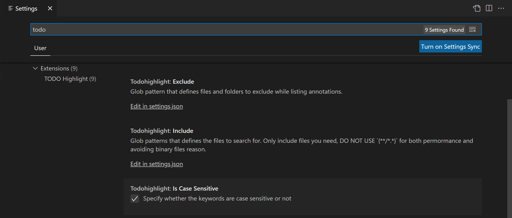 Screenshot showing the TODO Highlight settings in the Settings editor.