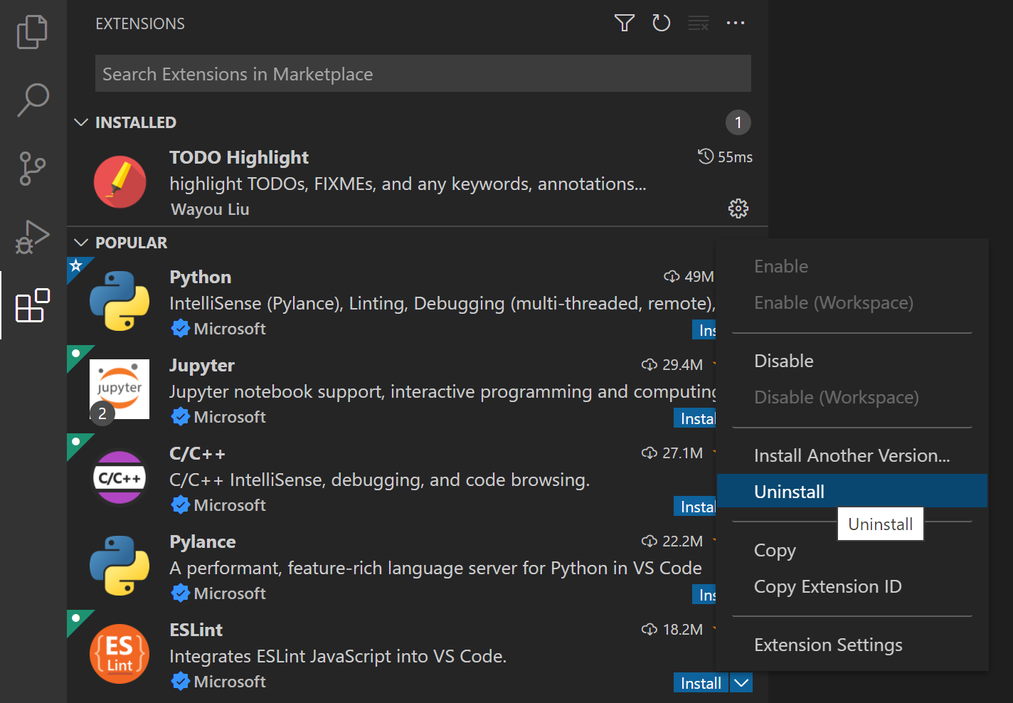 Screenshot showing the Uninstall option for the TODO Highlight extension.