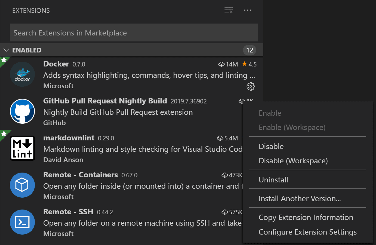 Screenshot showing the option to uninstall an extension from the Manage gear button menu.