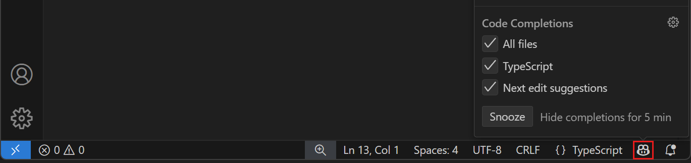 Screenshot of the Copilot menu in the Status Bar with Snooze and Cancel Snooze buttons.