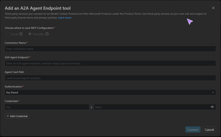 Screenshot showing the A2A connection dialog with endpoint, Agent Card Path, authentication, and Connect controls.