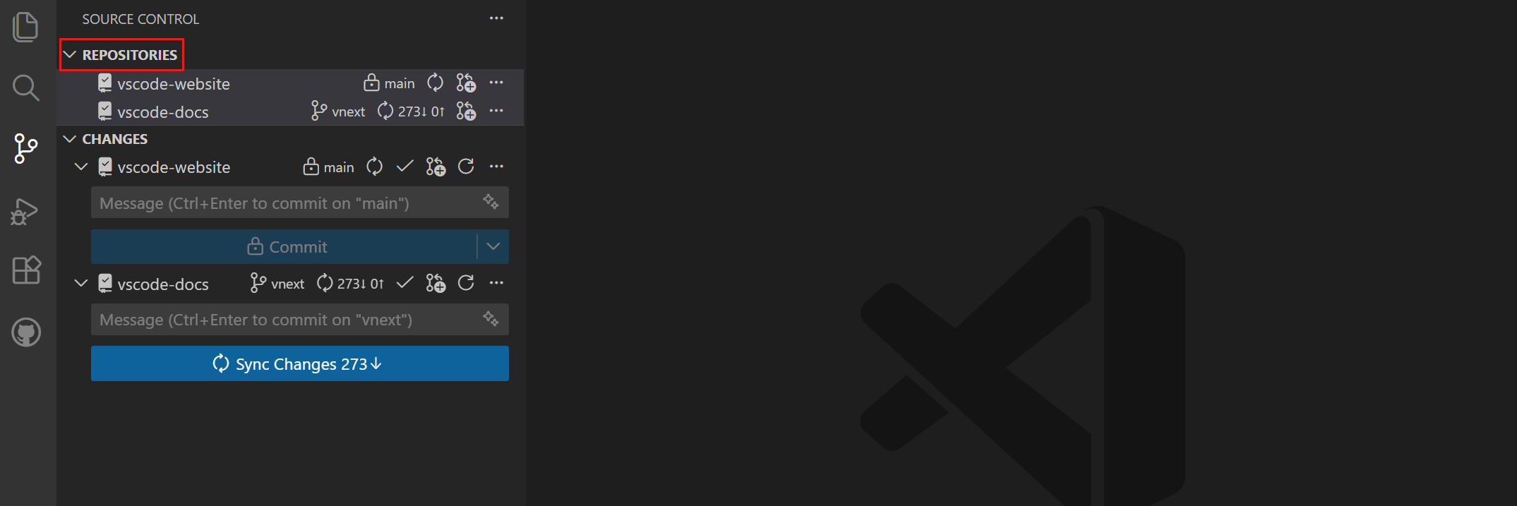 Screenshot showing multiple Git repositories in the Repositories view.