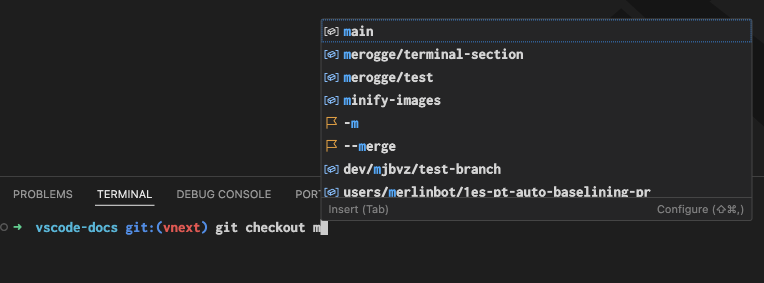 Screenshot of the terminal showing a user has typed git checkout and receives suggestions for the branch name.