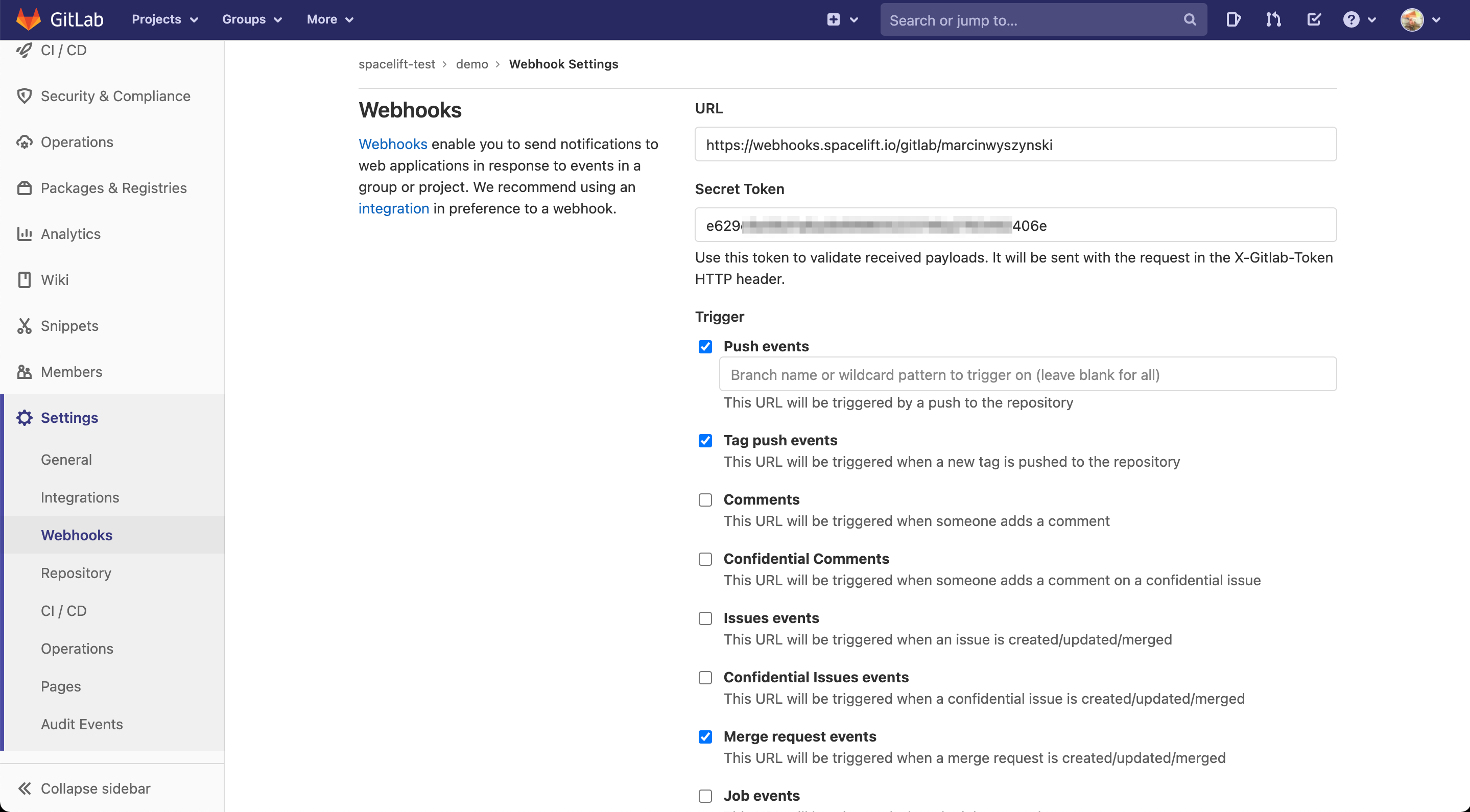 Set webhooks in GitLab
