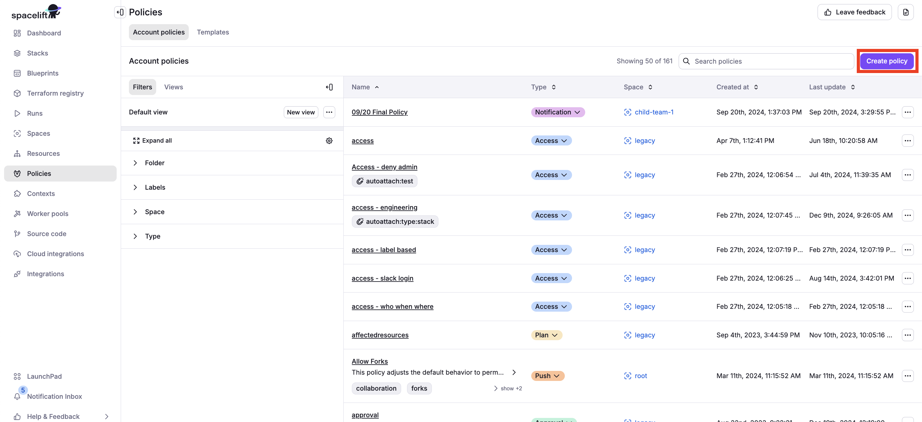 Click Create Policy at the top right of the view.