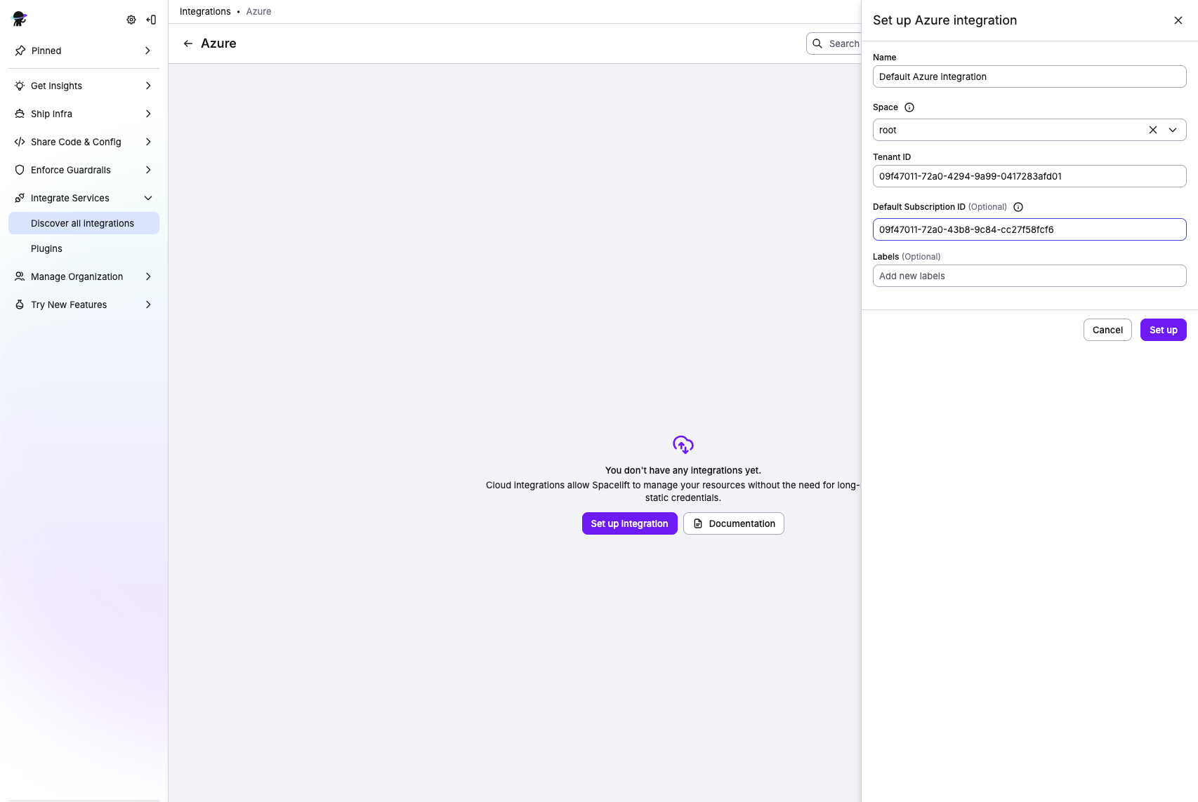 Click Azure to access integration settings