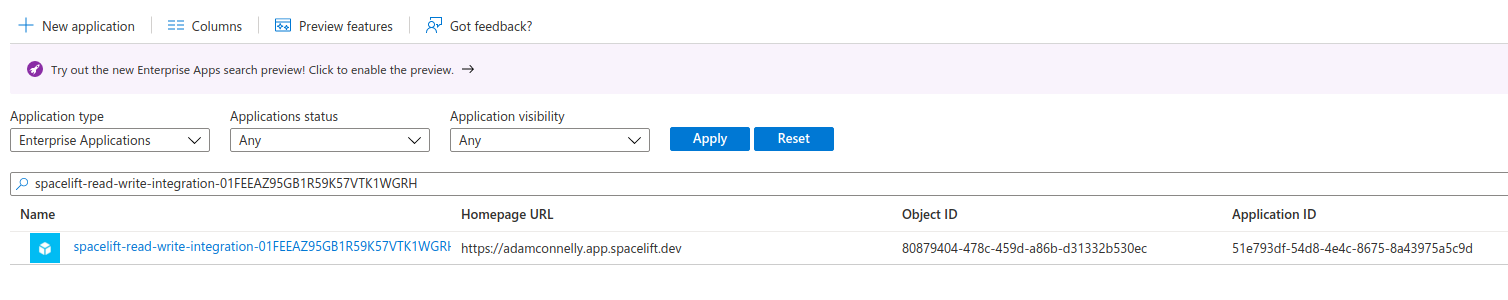 New enterprise app in Azure