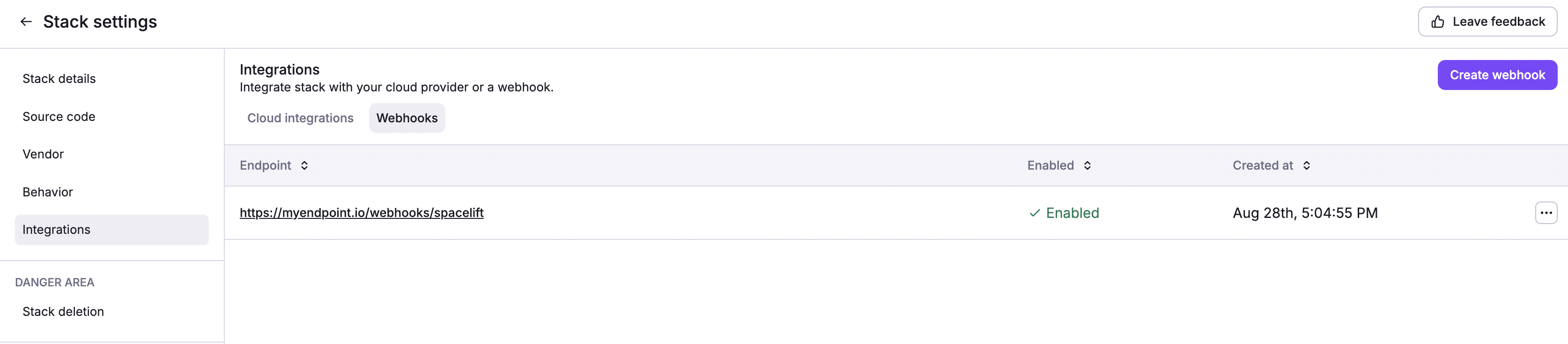 Saved webhooks in list