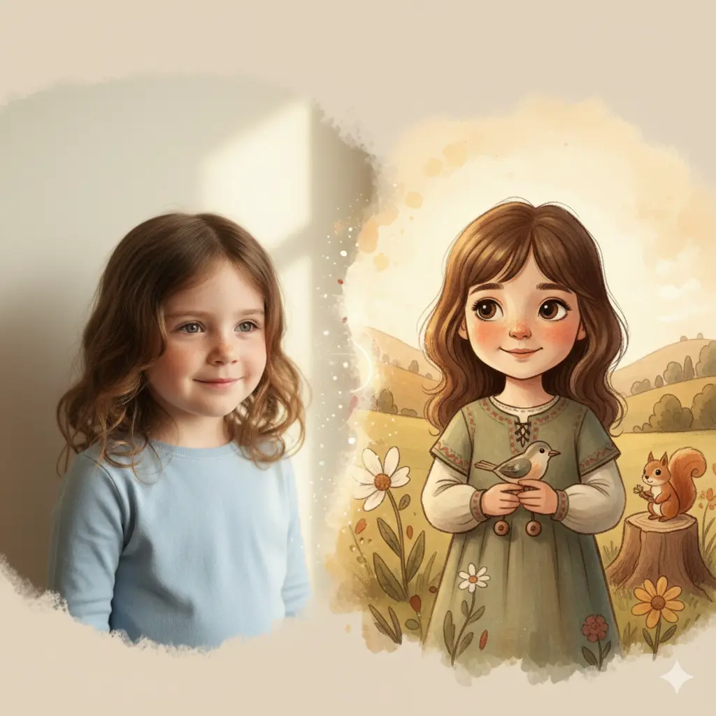 Photo of a child transformed into a warm, painterly storybook illustration