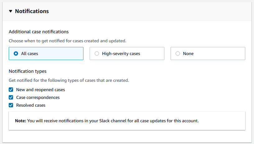 Configura un canal de Slack en la AWS Support aplicación.