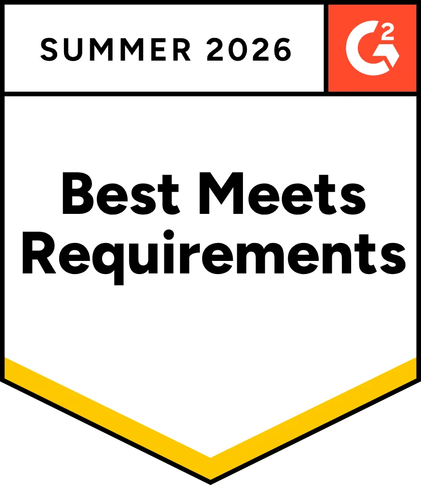 Award badge for "Best Meets Requirements" from G2, Summer 2026.