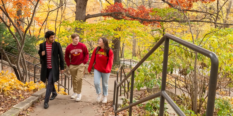three students walking up stairs
